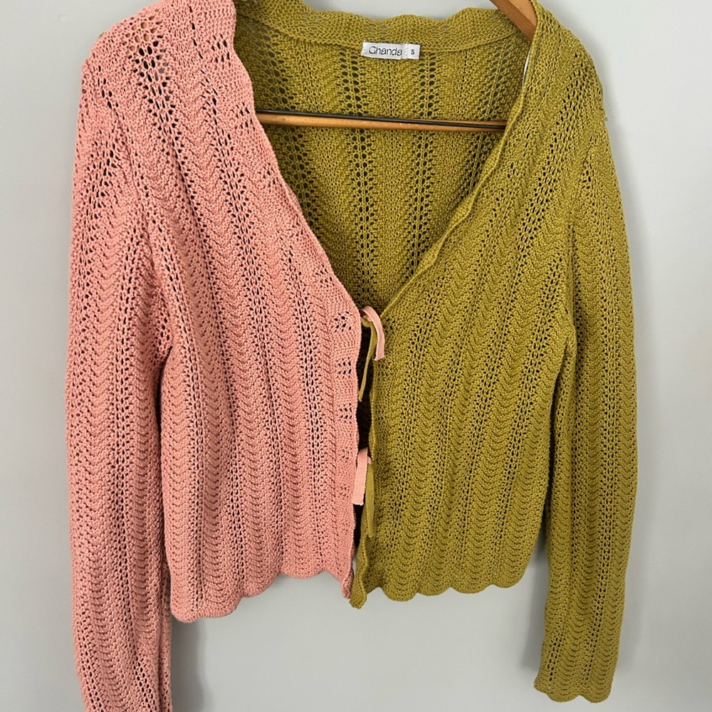 Crochet 100% cotton chartreuse and pink tie front cardigan size small